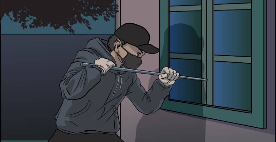 Illustration of burglar forcing entry through a window in Lincoln